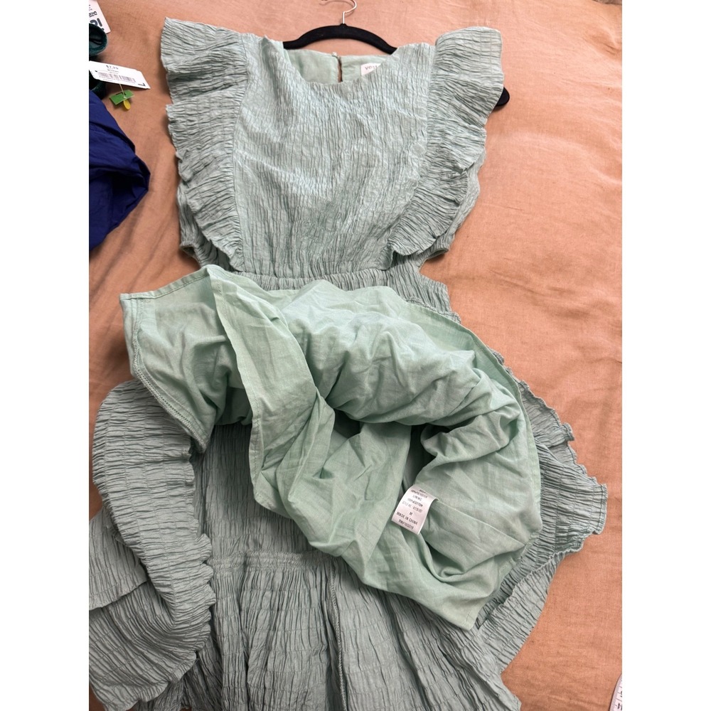 Vestique Sage Green Crinkle Ruffle Mini Dress Side Cut Out - Picture 8 of 10
